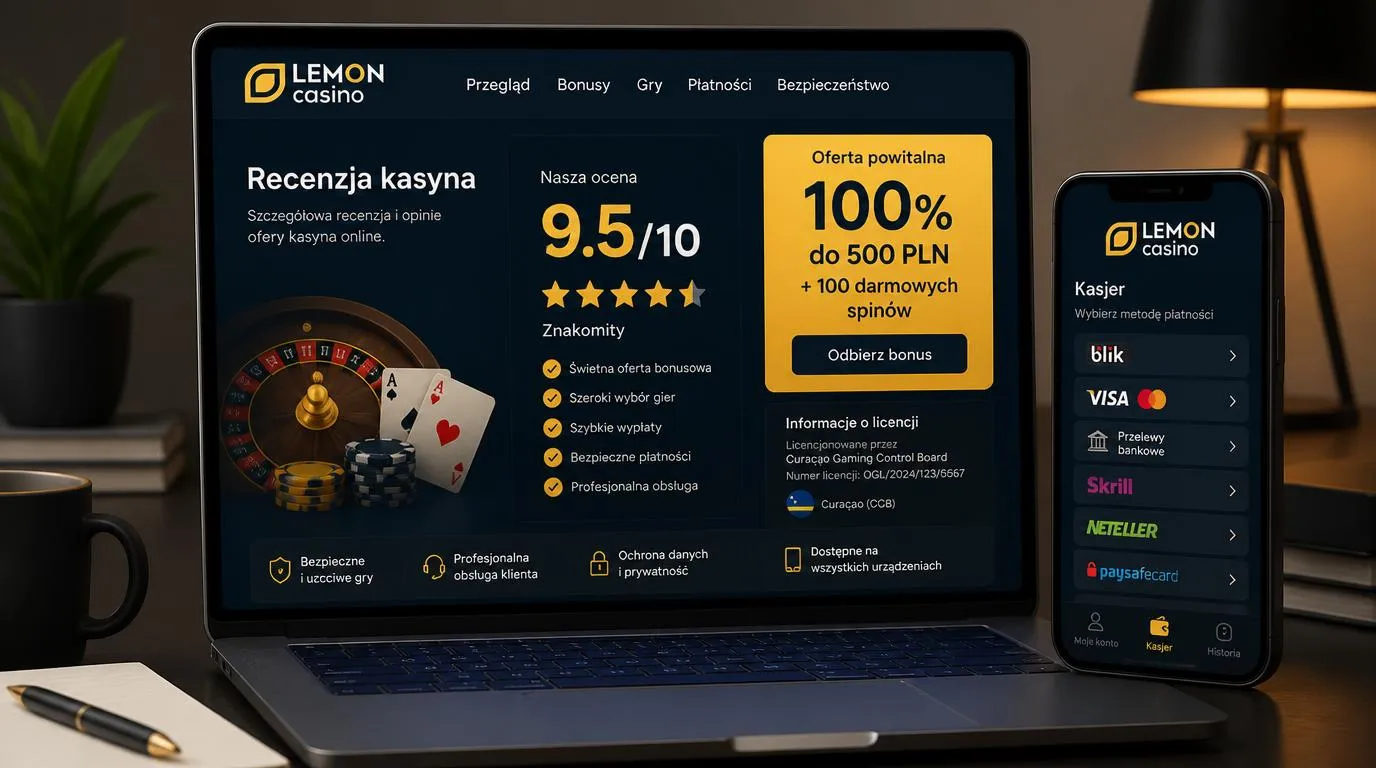 Ekran kasyna online z oceną 9,5/10, ofertą powitalną i oznaczeniem licencji Curaçao GCB