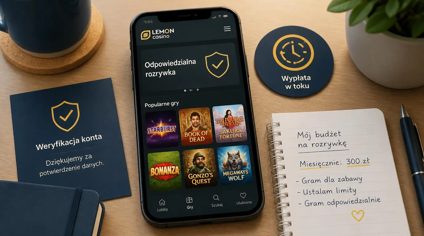 Telefon z widokiem gier, symbolem weryfikacji konta i zegarem przy wypłacie