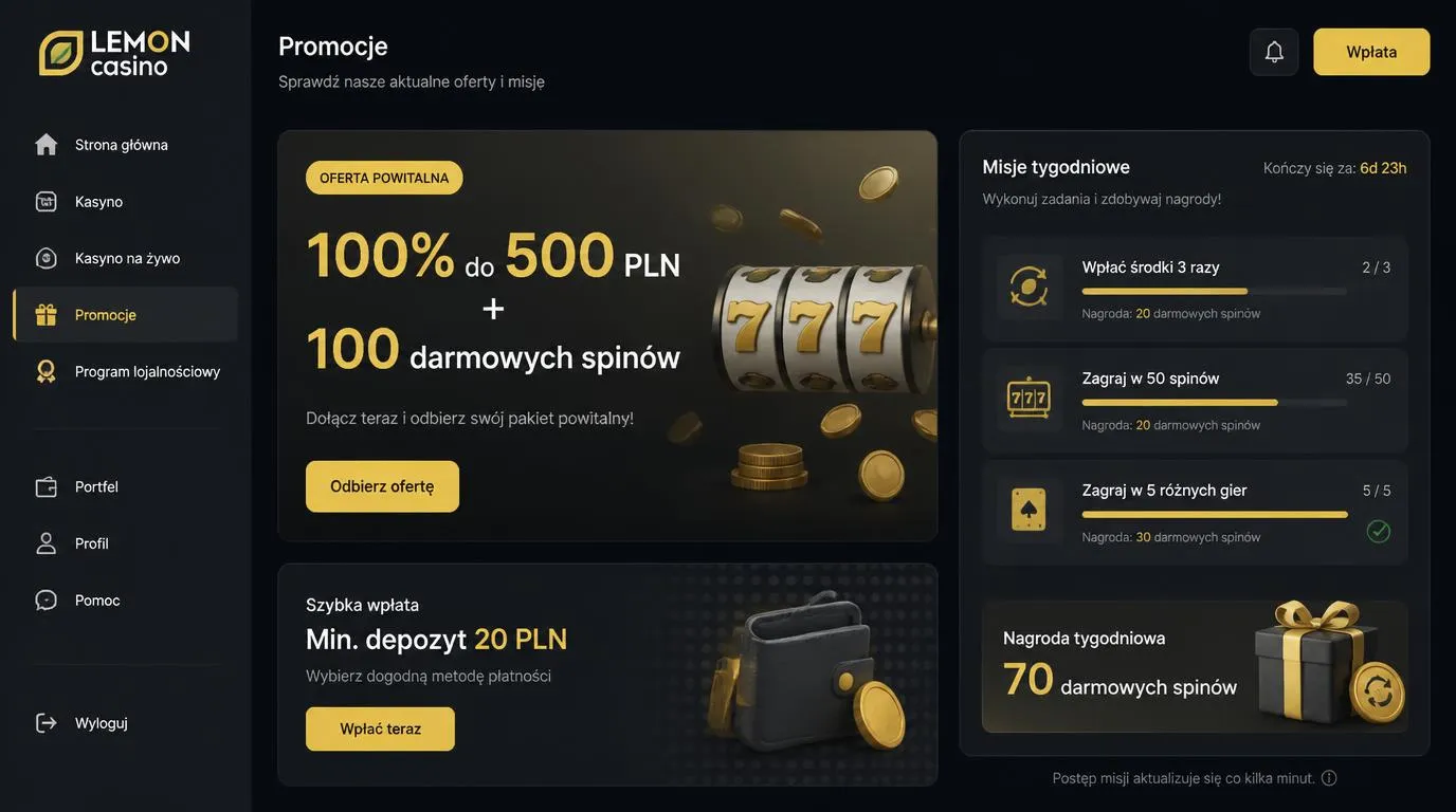 Ekran kasyna z bonusem 100% do 500 PLN, 100 darmowymi spinami i postępem misji tygodniowych