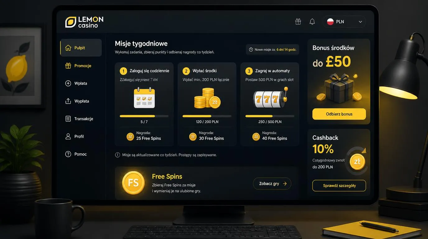 Ekran promocji kasyna z trzema misjami tygodniowymi, darmowymi spinami i nagrodą bonusową